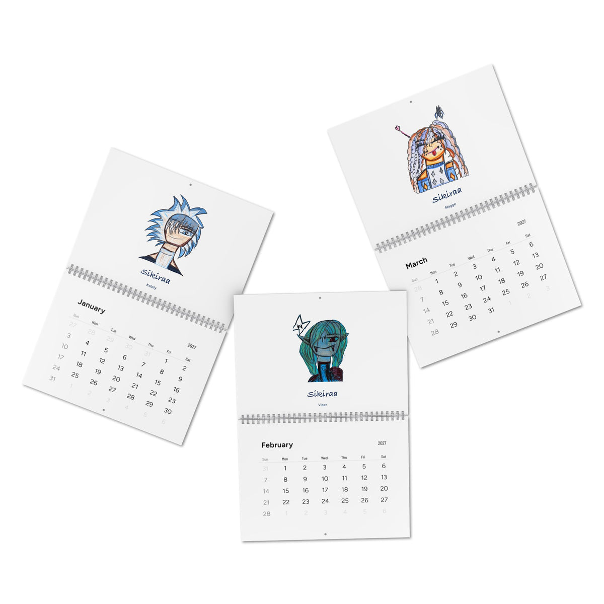January, February and March 2027 calendar pages featuring Kobity, Viper and Magge