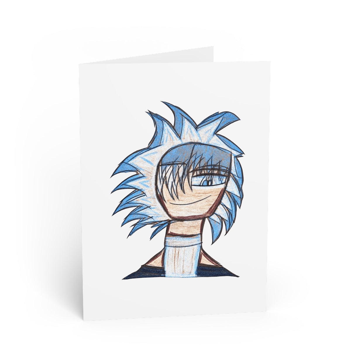 White folded greeting card featuring Kobity, Sikiraa’s blue-haired character artwork; one design in the mix-and-match five-card pack