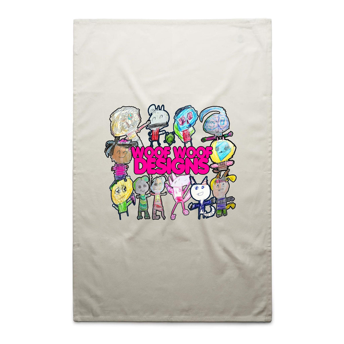 Woof Woof Fam artwork by Sikiraa on cotton tea towel, Cream