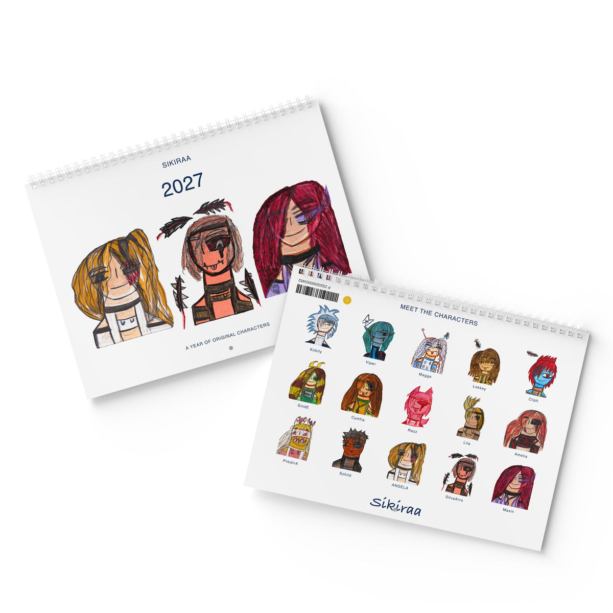 Front and back covers of Sikiraa’s 2027 art calendar, featuring ANGELA, SilvaArro and Maxin on the front and all 15 original characters on the back