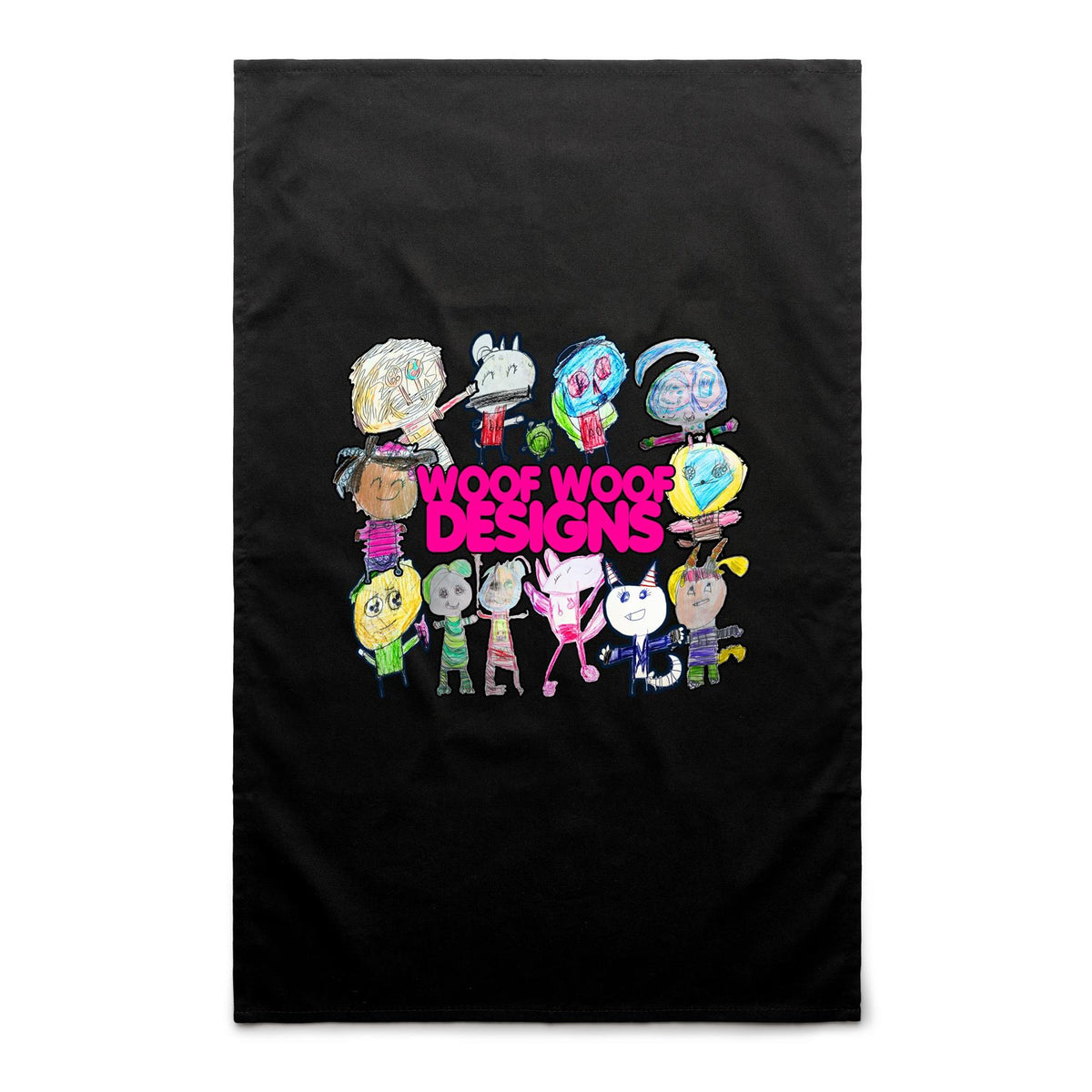 Woof Woof Fam artwork by Sikiraa on cotton tea towel, Black