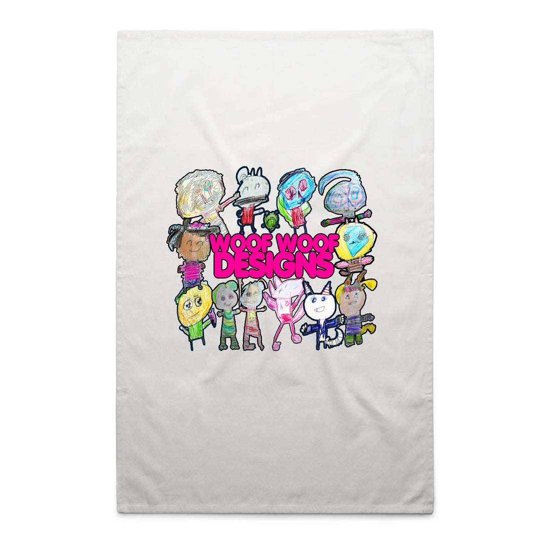 Woof Woof Fam artwork by Sikiraa on cotton tea towel, White