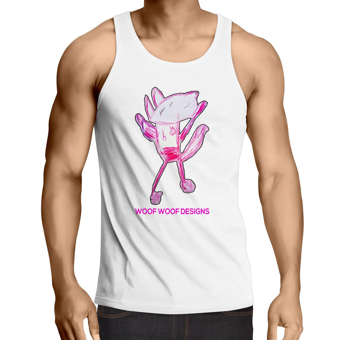 Woof Woof artwork by Sikiraa on men’s as colour lowdown singlet, White