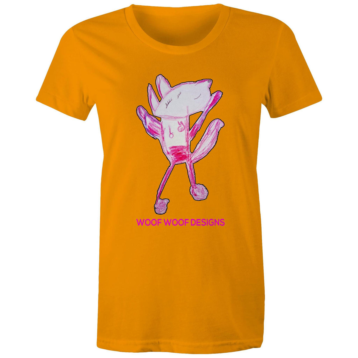 Woof Woof artwork by Sikiraa on women’s as colour maple tee, Orange
