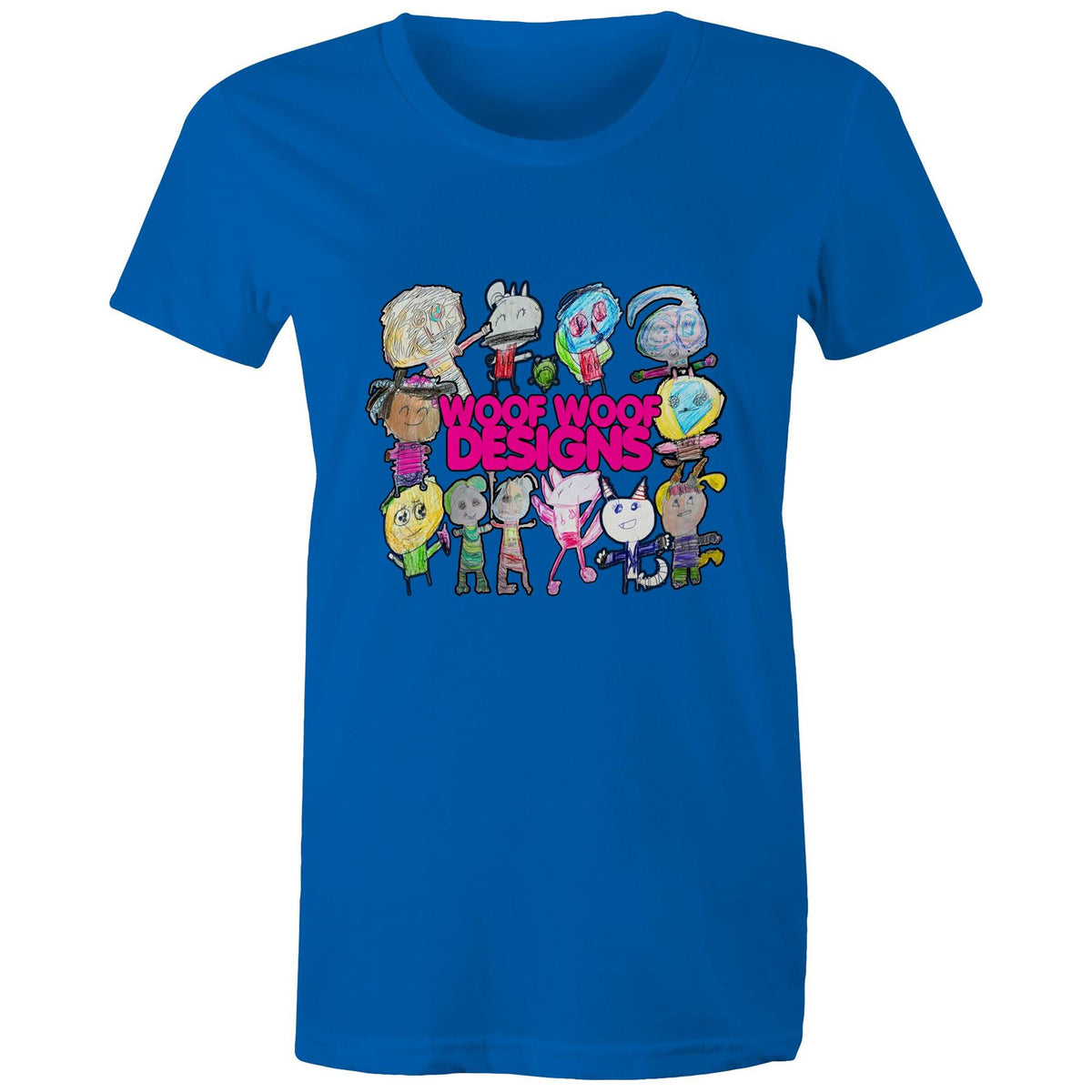 Woof Fam artwork by Sikiraa on women’s as colour maple tee, Bright Royal