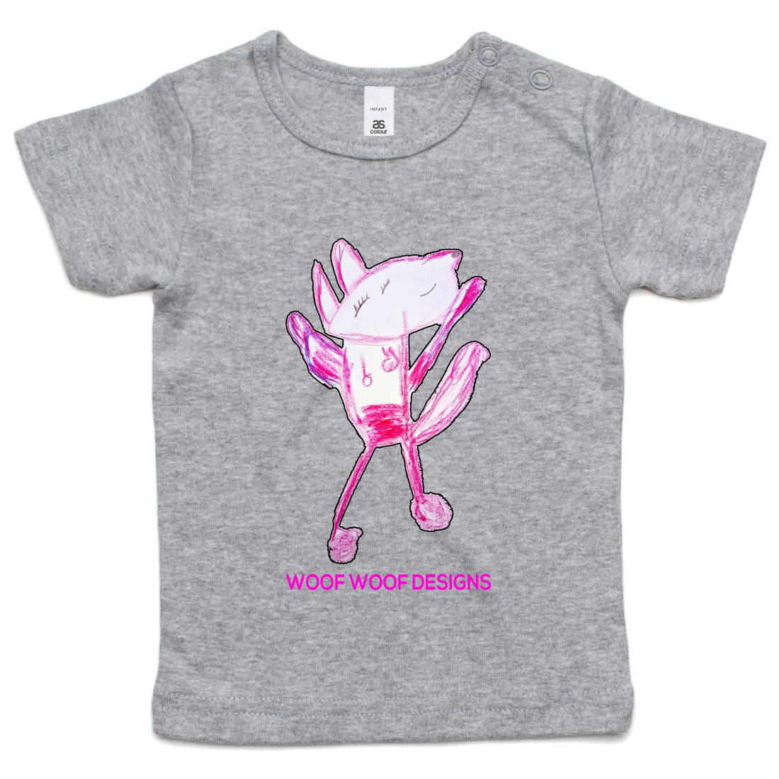 Woof Woof artwork by Sikiraa on as colour infant wee tee, Grey Marle
