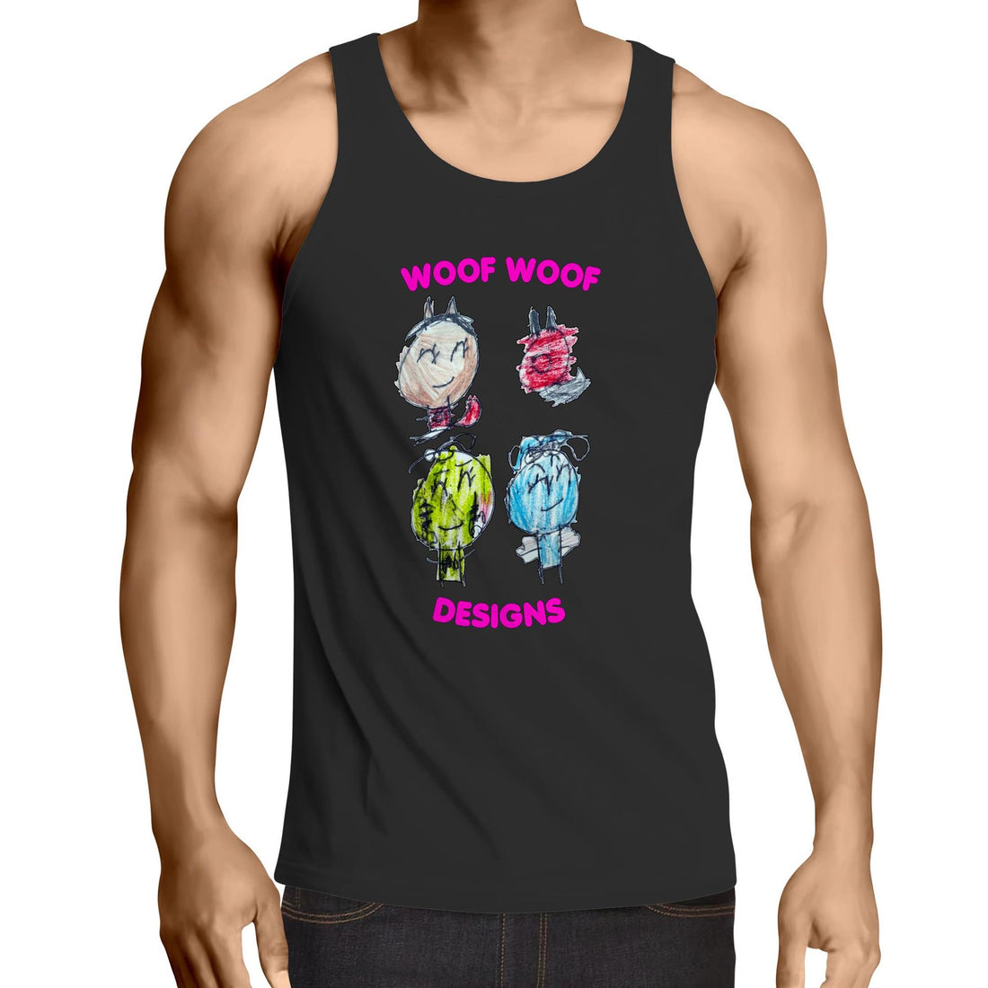 Woof Gang artwork by Sikiraa on men’s as colour lowdown singlet, Black