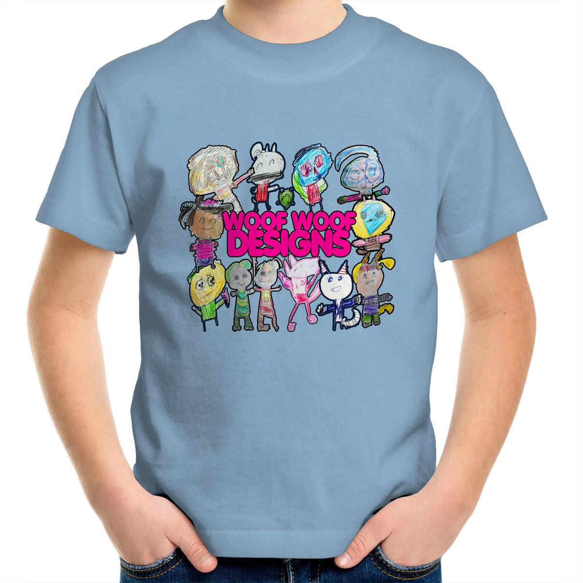 Woof Fam artwork by Sikiraa on as colour kids crew t-shirt, Carolina Blue