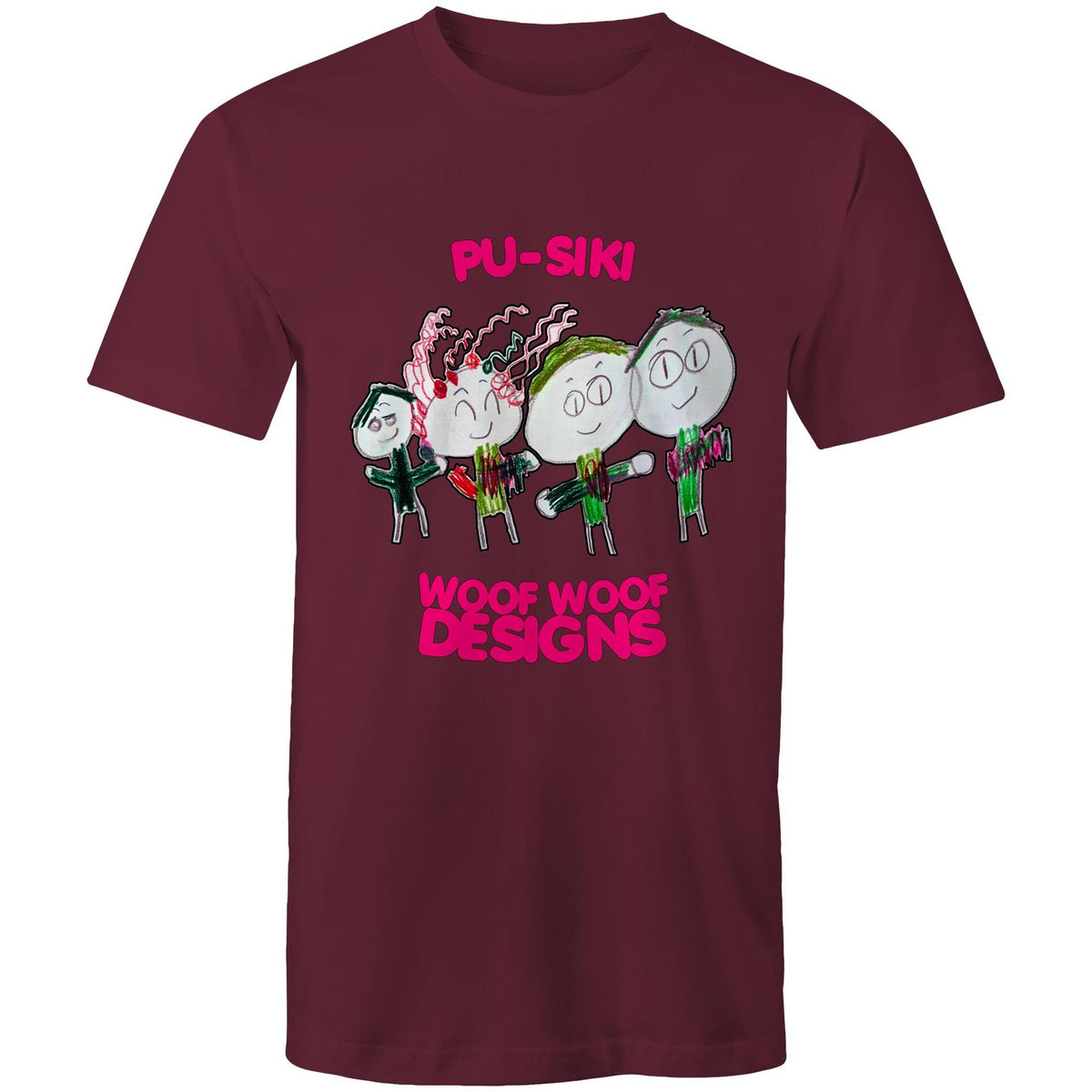 Pu-Siki + Woof Woof artwork by Sikiraa on men’s as colour staple t-shirt, Burgundy