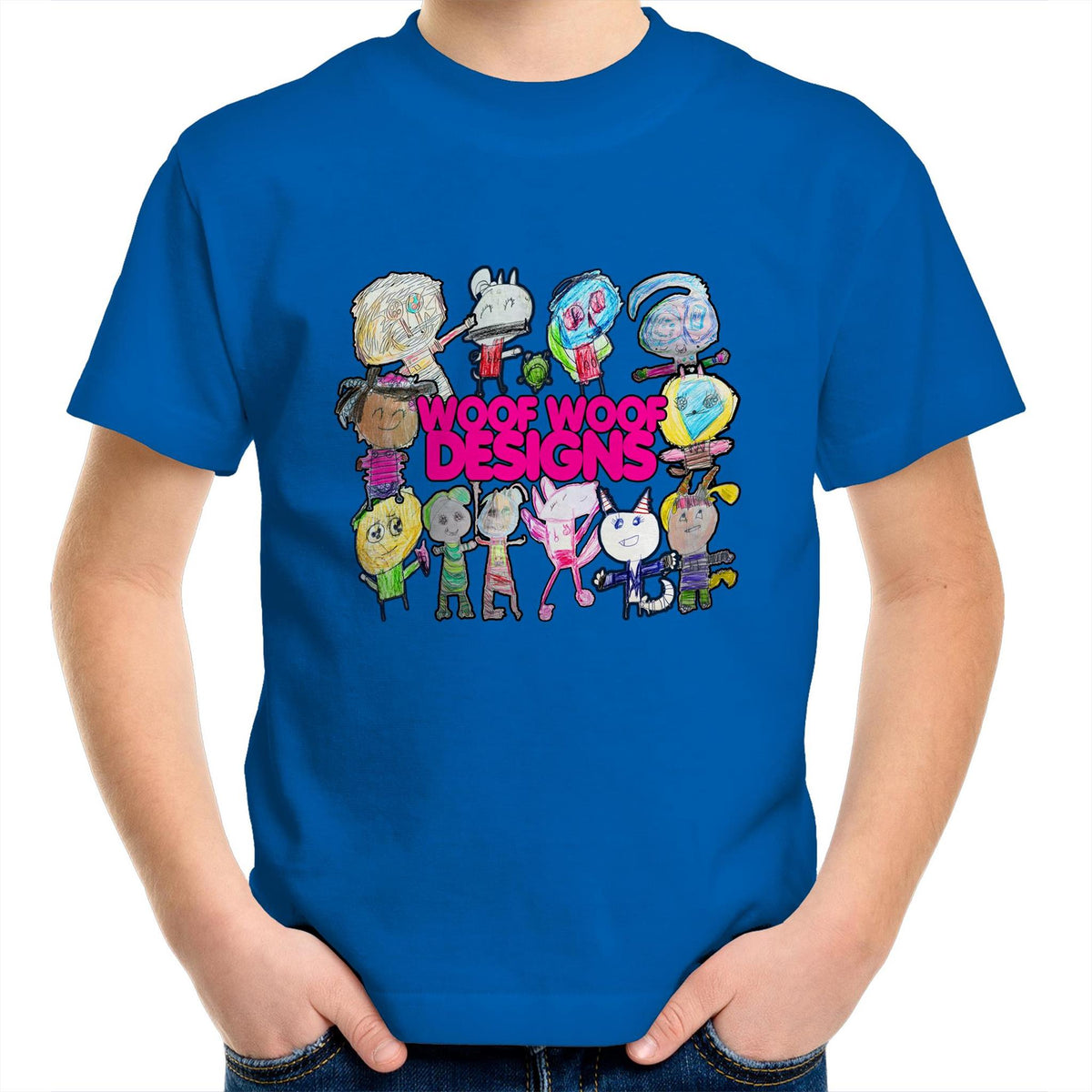 Woof Fam artwork by Sikiraa on as colour kids crew t-shirt, Bright Royal