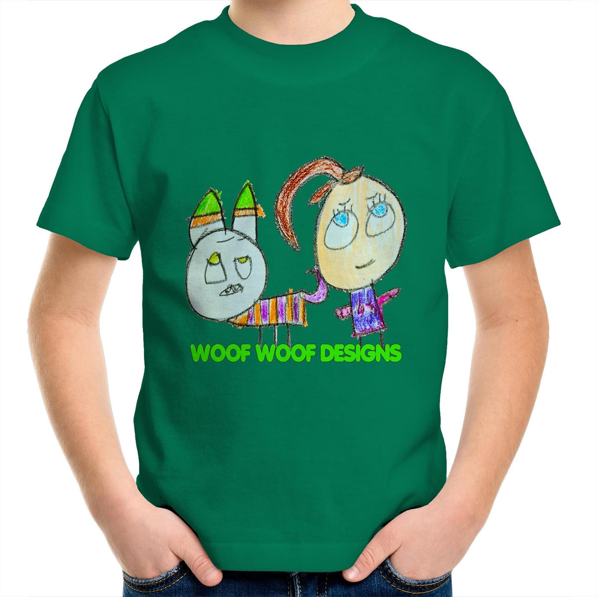 Caddy & Jade artwork by Sikiraa on as colour kids crew t-shirt, Kelly Green
