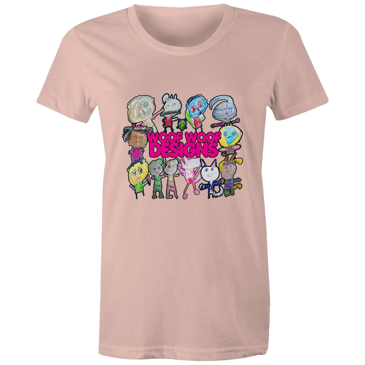 Woof Fam artwork by Sikiraa on women’s as colour maple tee, Pale Pink