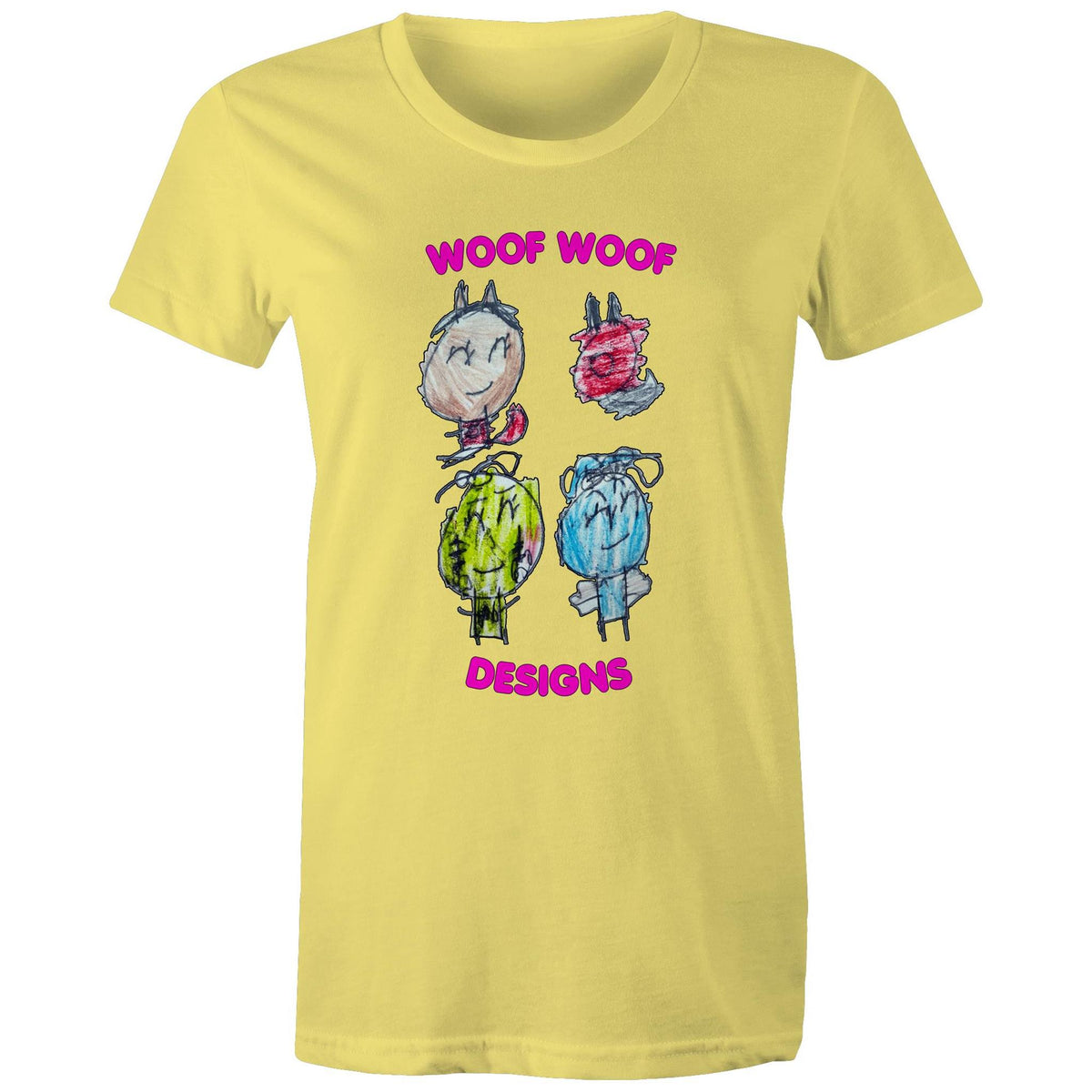 Woof Gang artwork by Sikiraa on women’s as colour maple tee, Yellow
