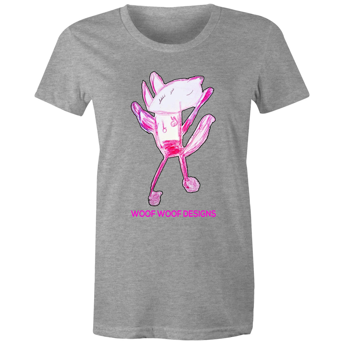 Woof Woof artwork by Sikiraa on women’s as colour maple tee, Grey Marle