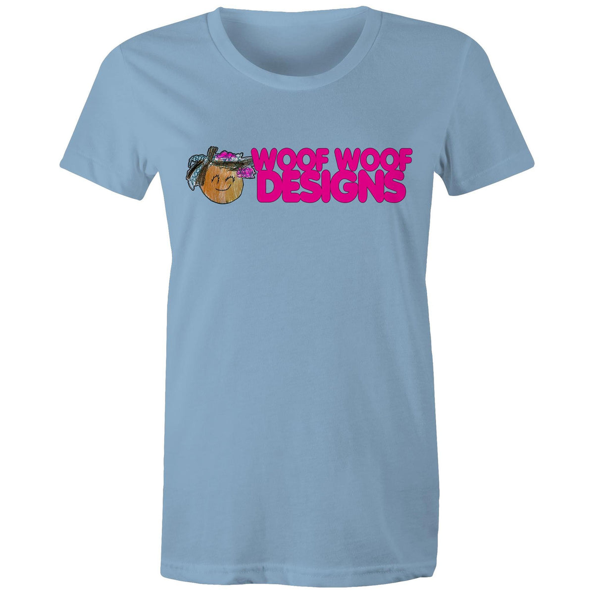 Siki Woof artwork by Sikiraa on women’s as colour maple tee, Carolina Blue