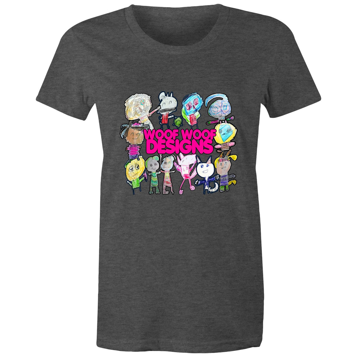 Woof Fam artwork by Sikiraa on women’s as colour maple tee, Asphalt Marle