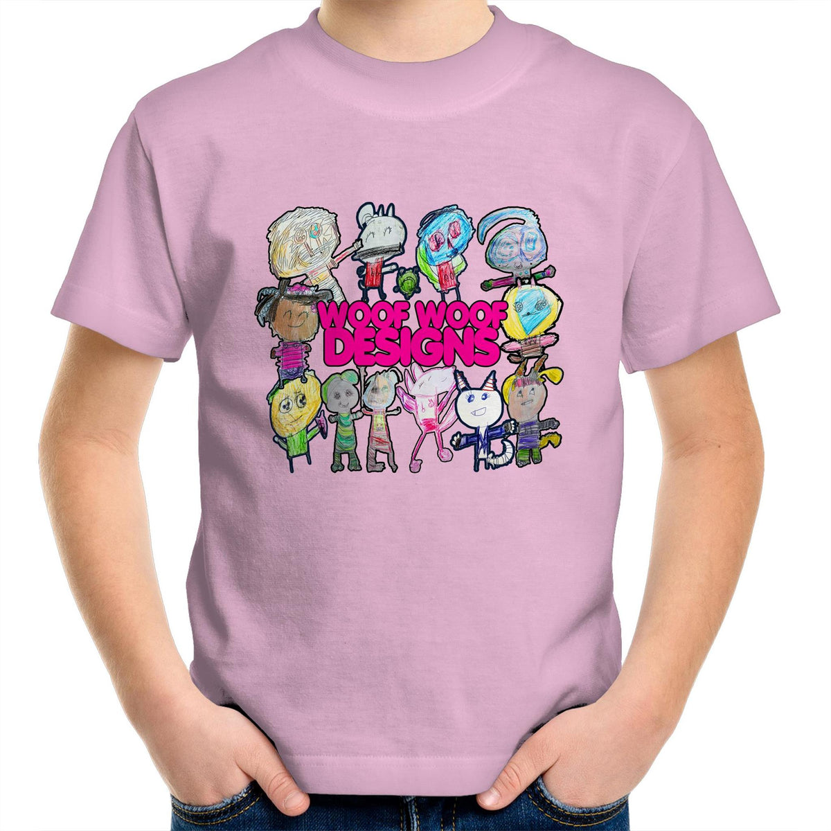 Woof Fam artwork by Sikiraa on as colour kids crew t-shirt, Pink
