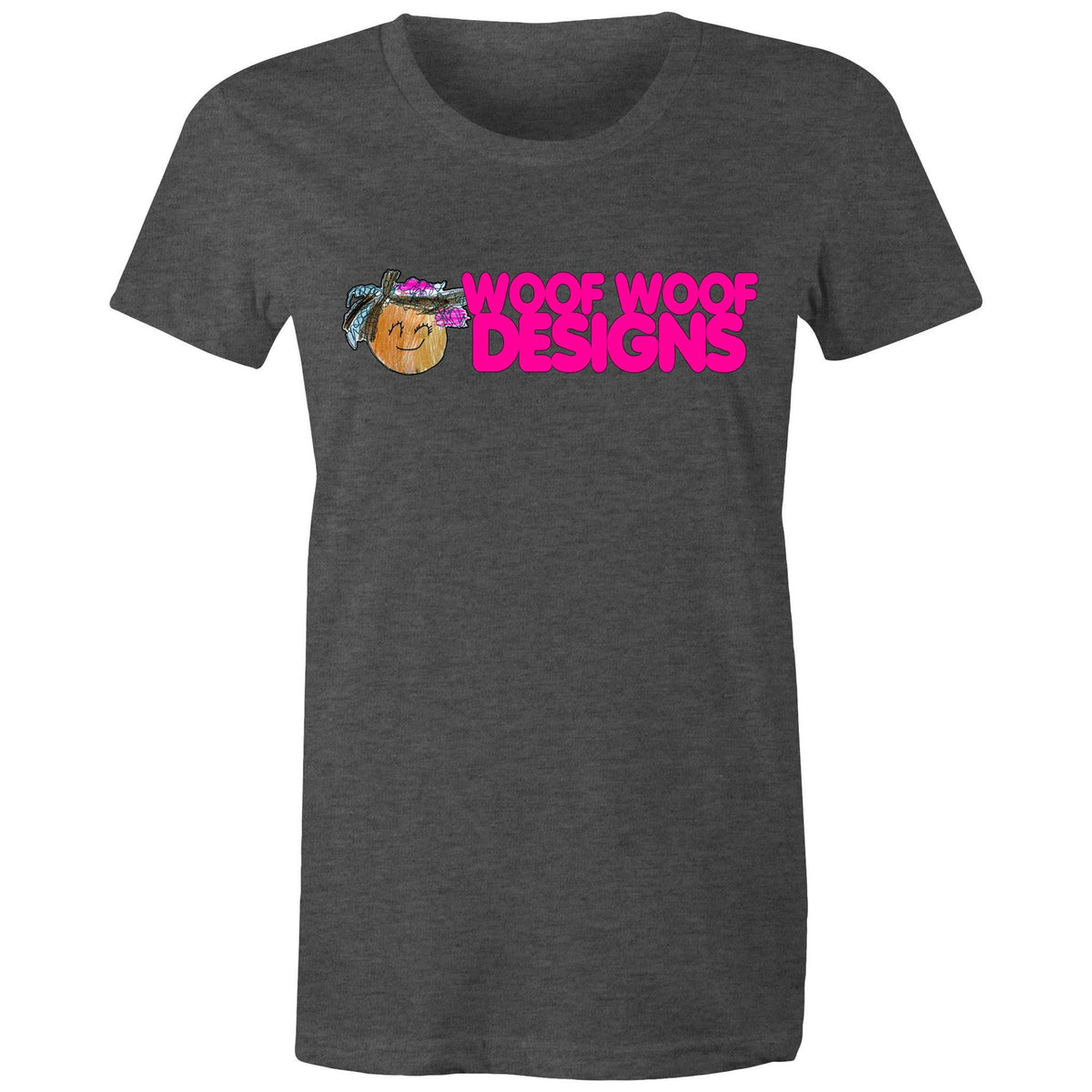 Siki Woof artwork by Sikiraa on women’s as colour maple tee, Asphalt Marle