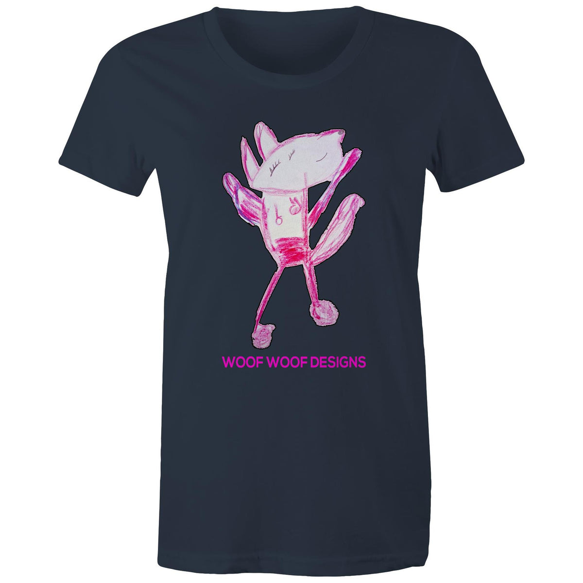 Woof Woof artwork by Sikiraa on women’s as colour maple tee, Navy