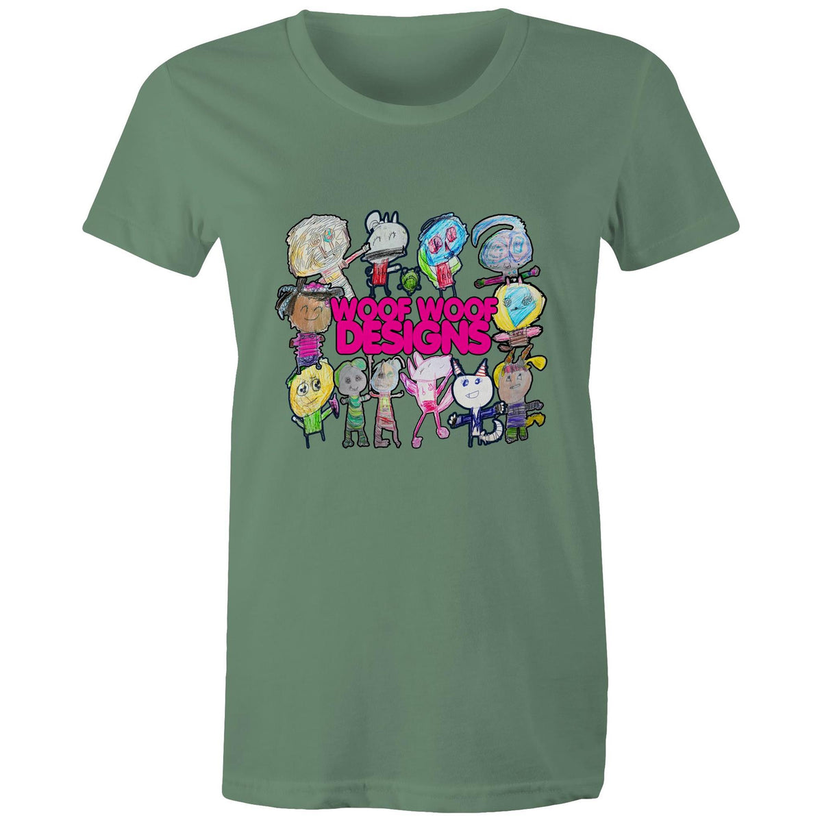 Woof Fam artwork by Sikiraa on women’s as colour maple tee, Sage
