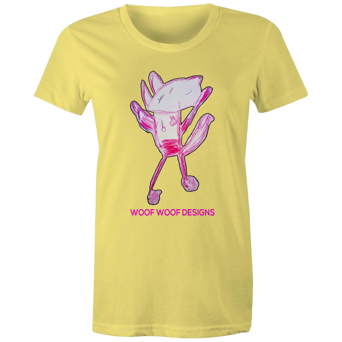Woof Woof artwork by Sikiraa on women’s as colour maple tee, Yellow