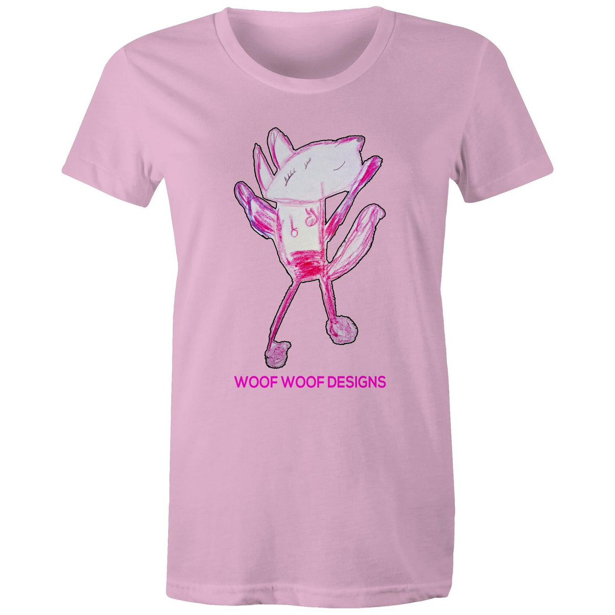 Woof Woof artwork by Sikiraa on women’s as colour maple tee, Pink