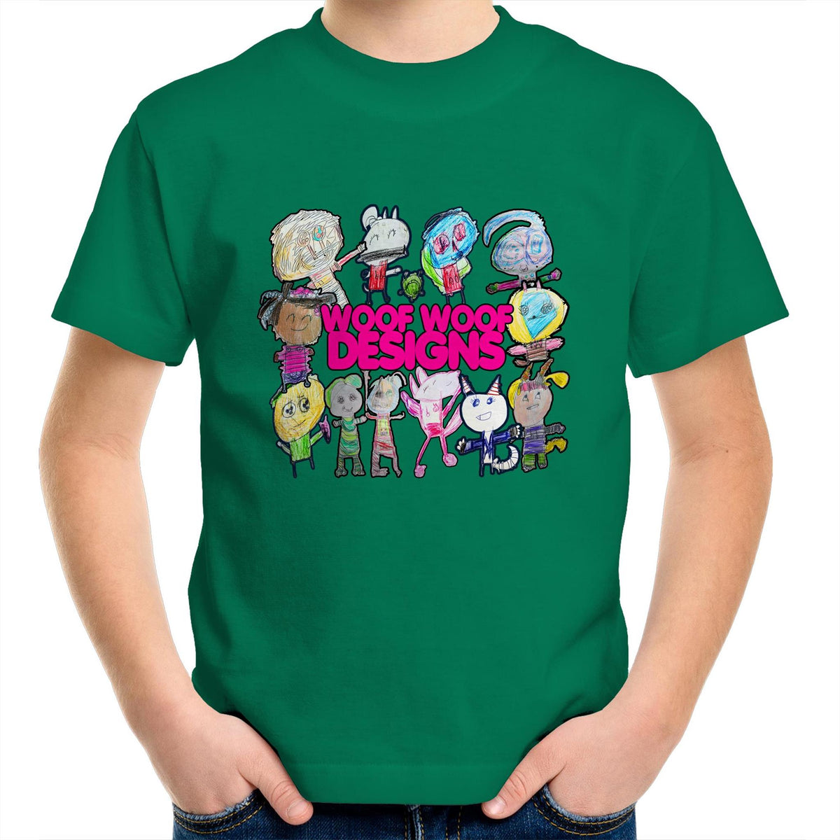 Woof Fam artwork by Sikiraa on as colour kids crew t-shirt, Kelly Green