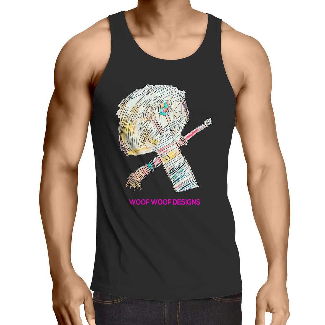 Stitchy artwork by Sikiraa on men’s as colour lowdown singlet, Black