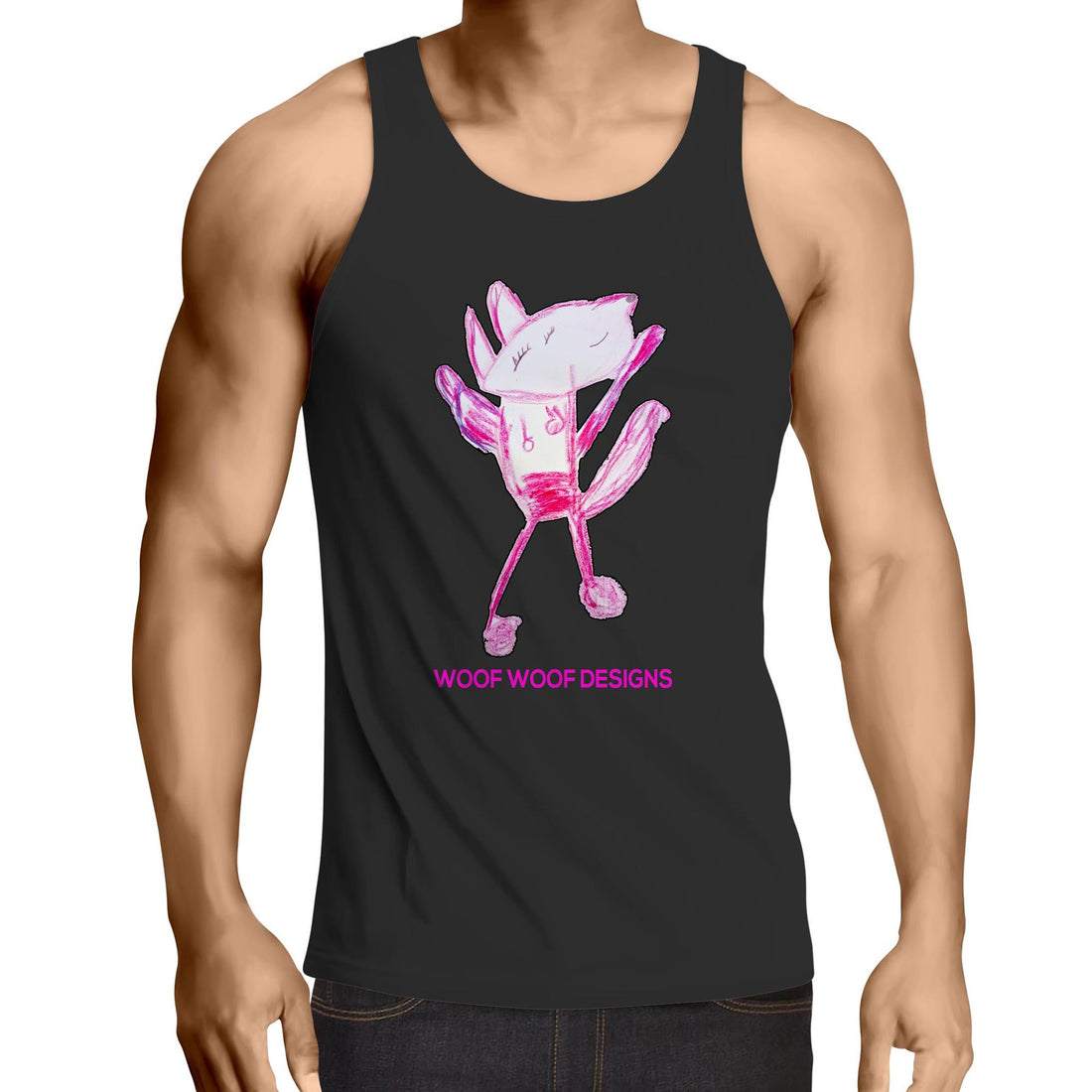 Woof Woof artwork by Sikiraa on men’s as colour lowdown singlet, Black