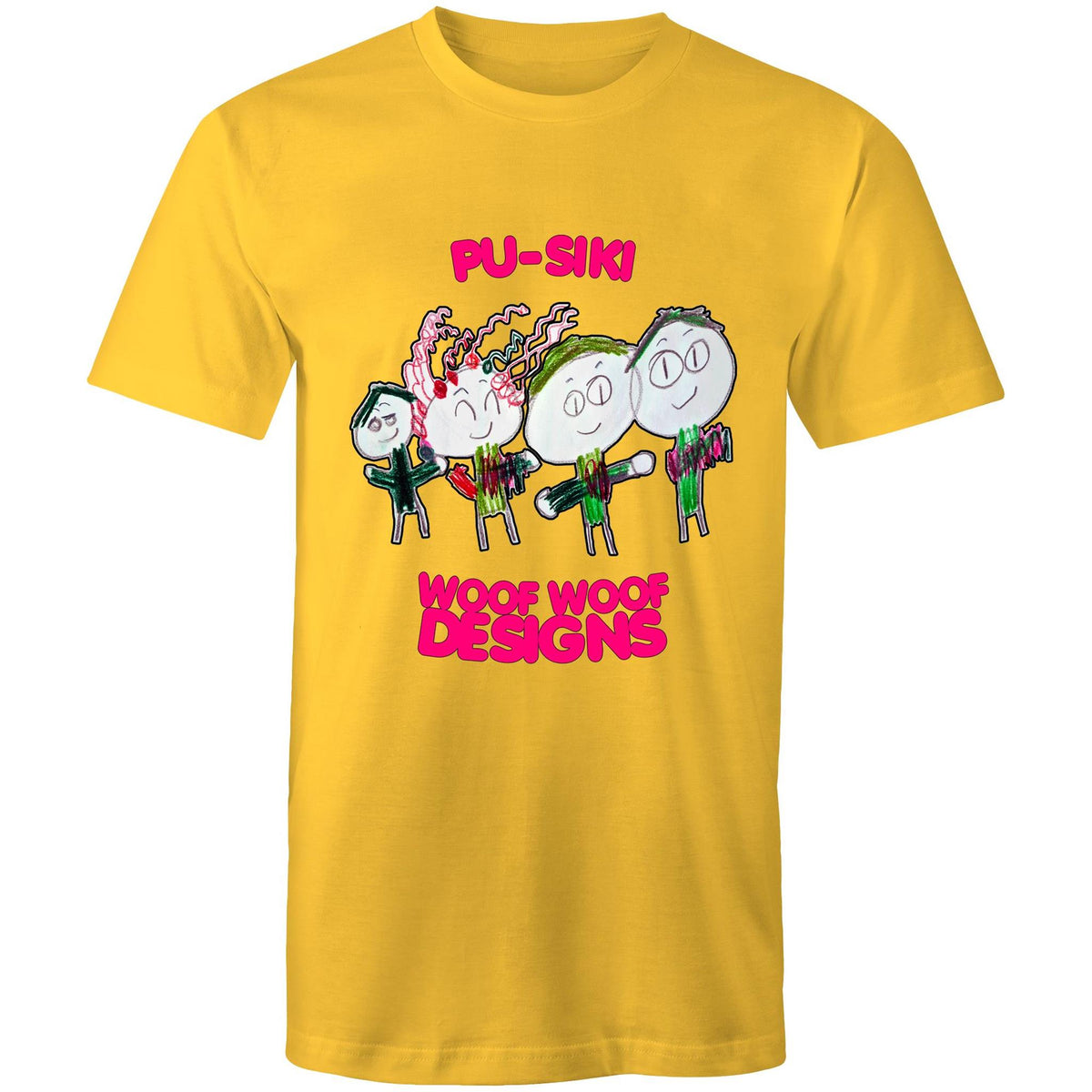 Pu-Siki + Woof Woof artwork by Sikiraa on men’s as colour staple t-shirt, Yellow