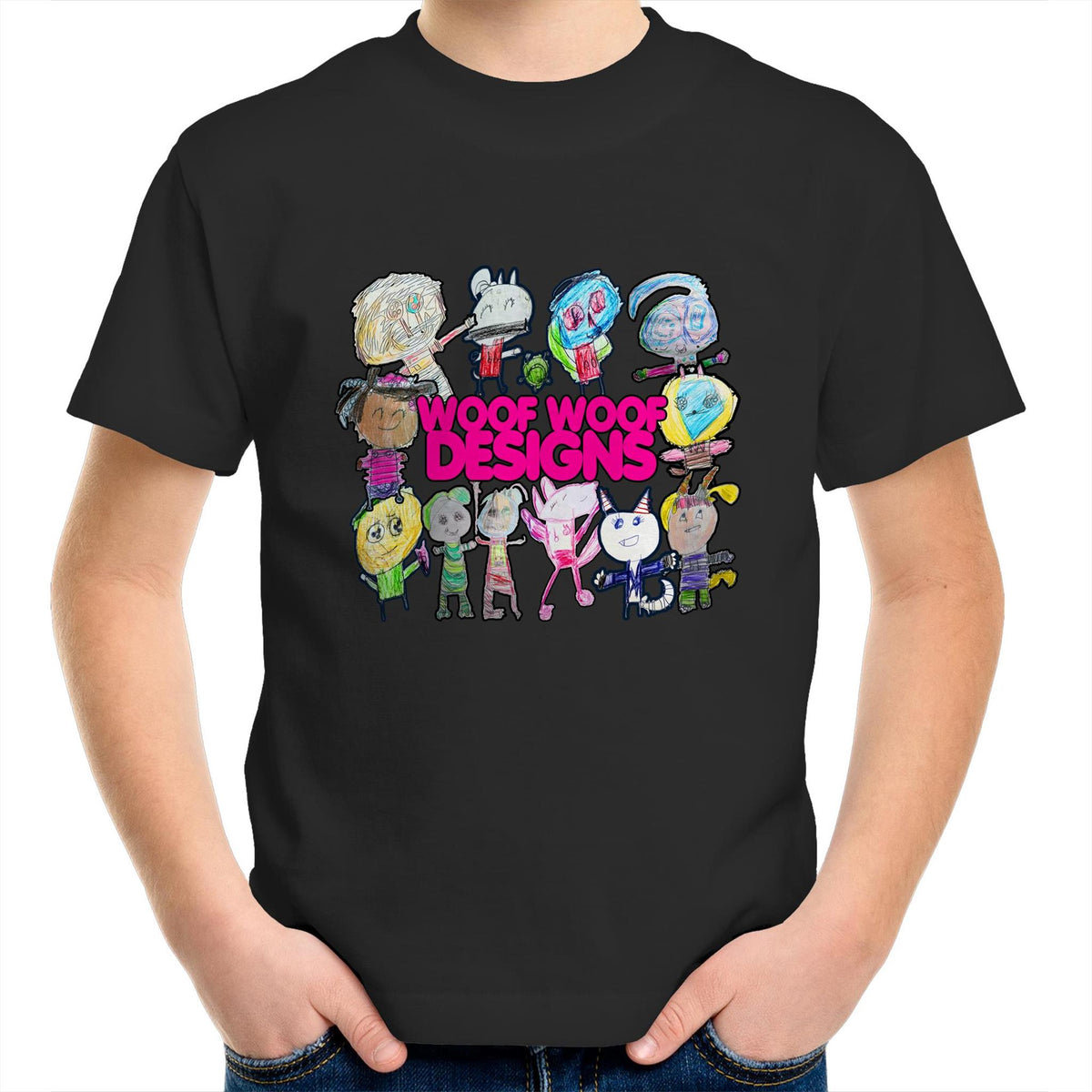 Woof Fam artwork by Sikiraa on as colour kids crew t-shirt, Black