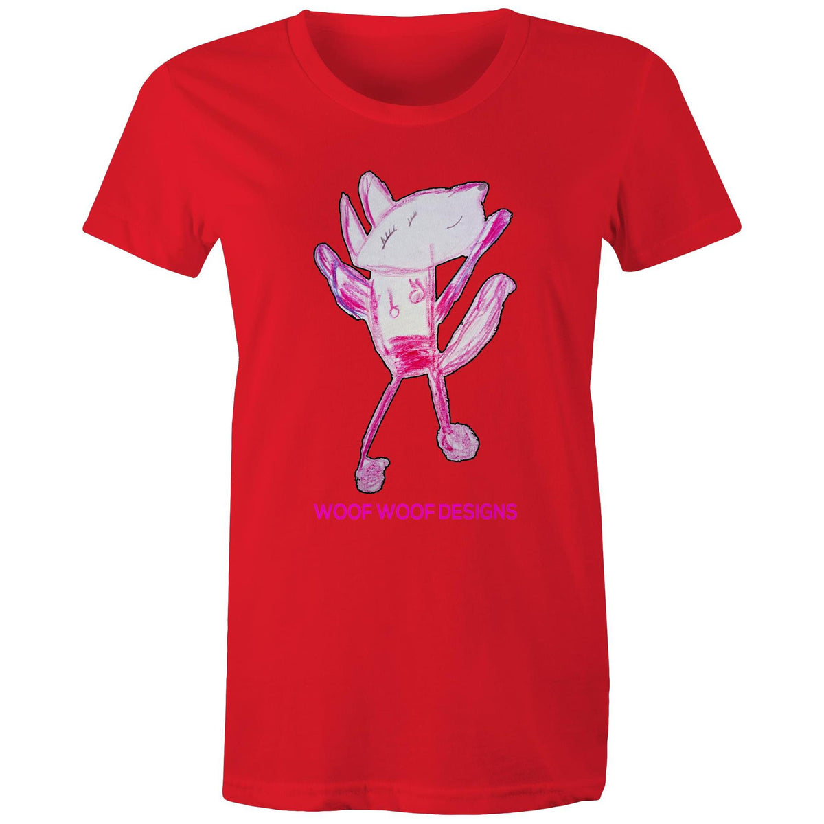 Woof Woof artwork by Sikiraa on women’s as colour maple tee, Red