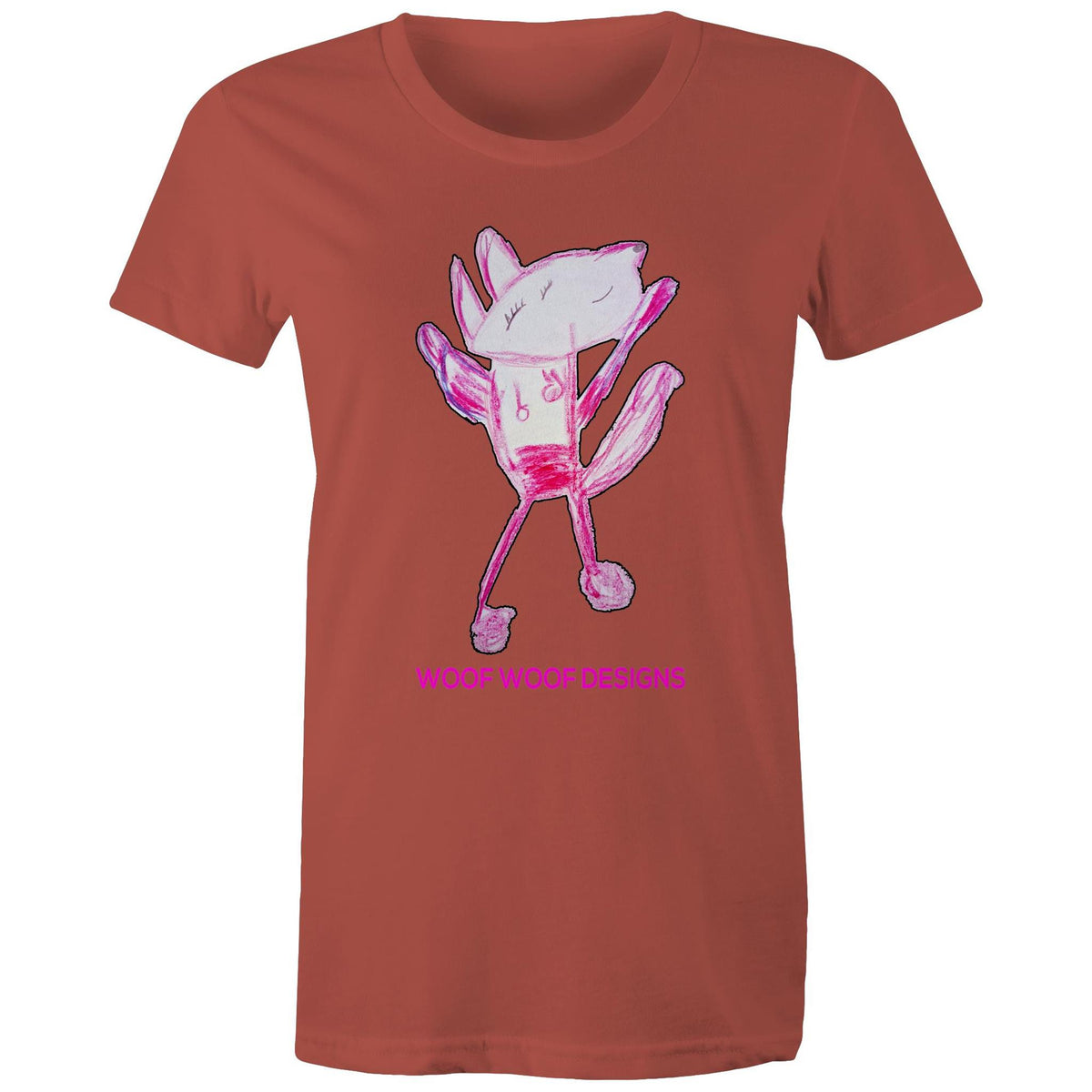 Woof Woof artwork by Sikiraa on women’s as colour maple tee, Coral