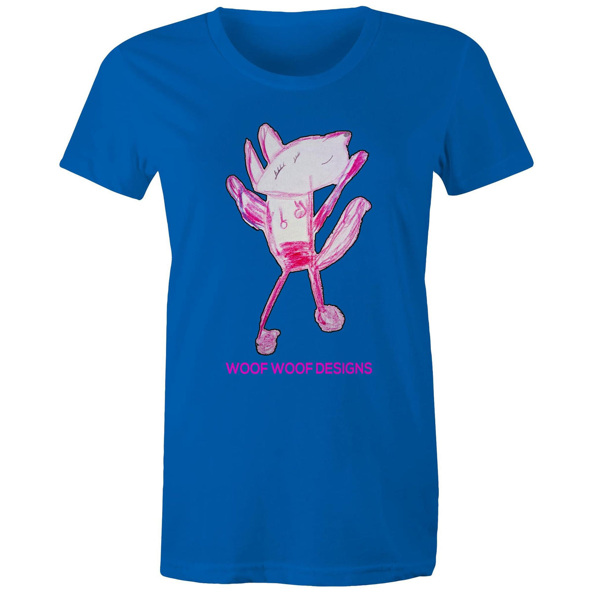Woof Woof artwork by Sikiraa on women’s as colour maple tee, Bright Royal