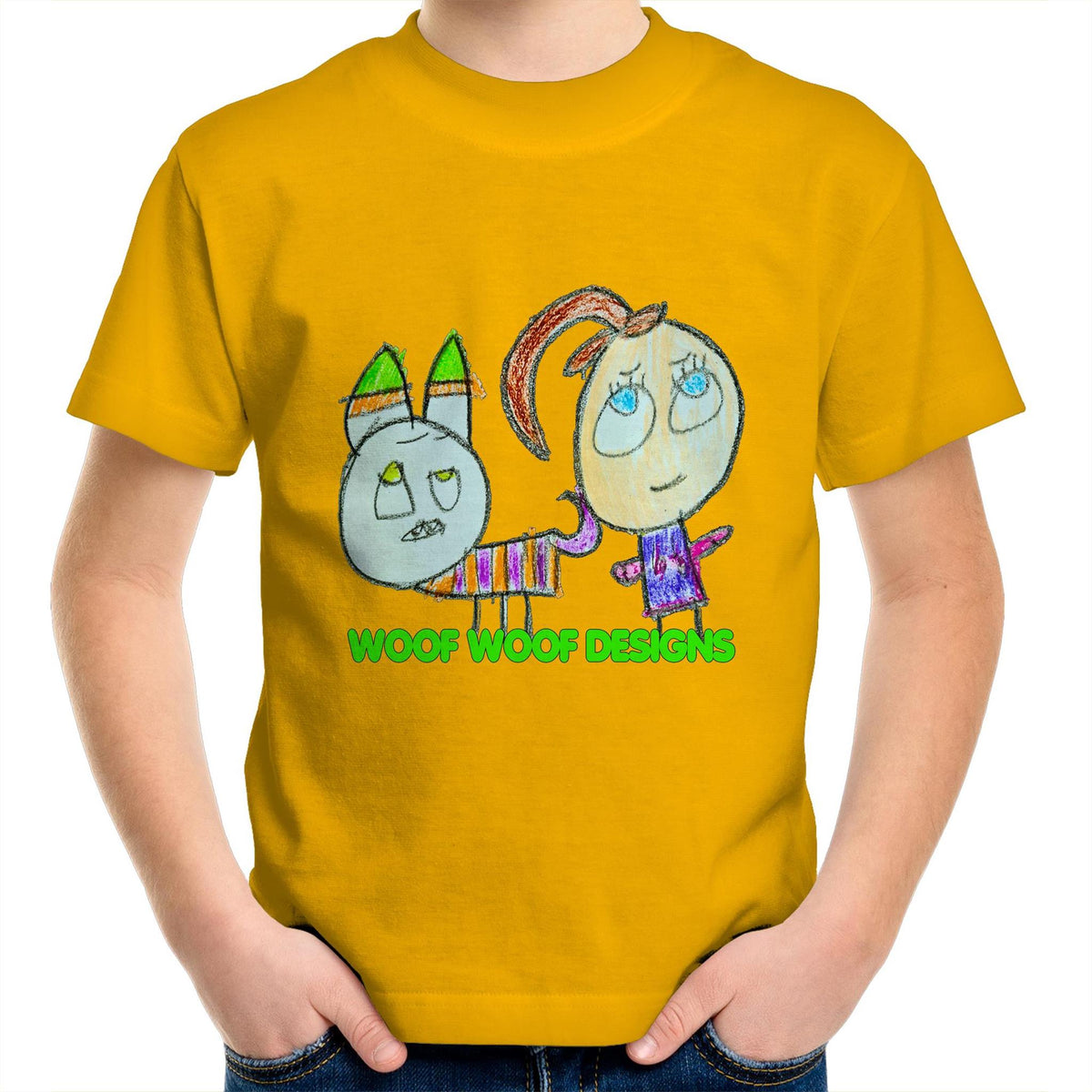 Caddy & Jade artwork by Sikiraa on as colour kids crew t-shirt, Gold