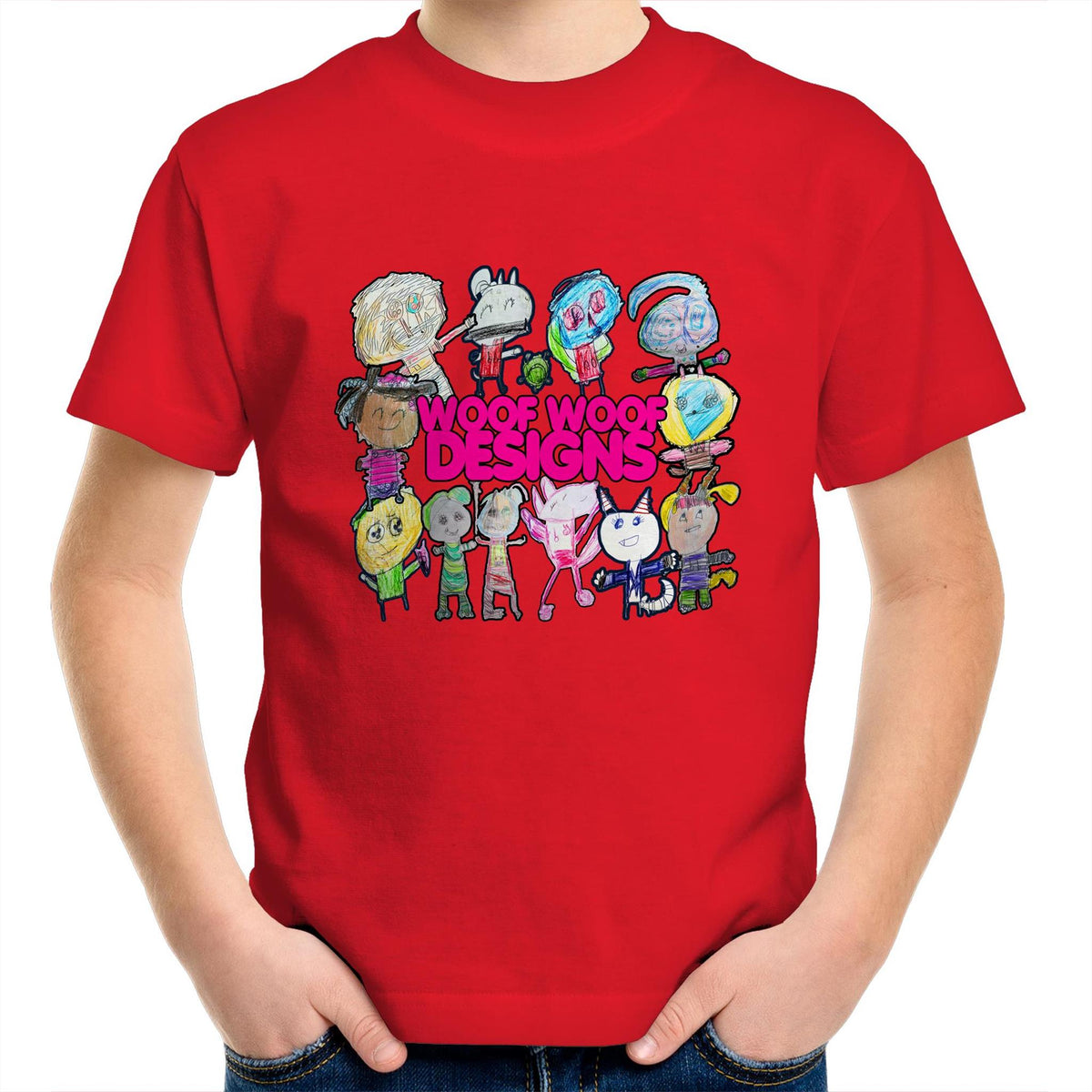 Woof Fam artwork by Sikiraa on as colour kids crew t-shirt, Red