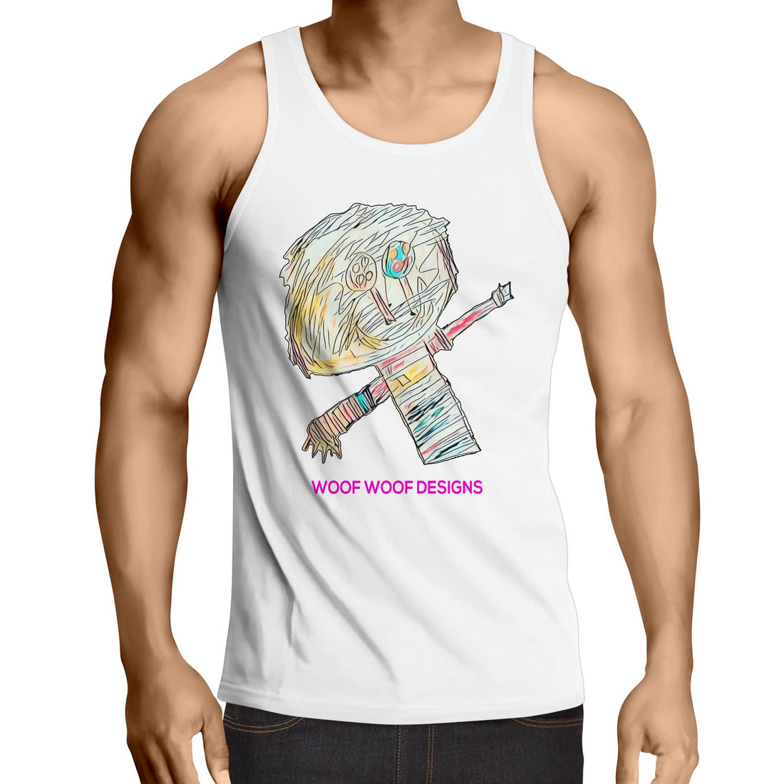 Stitchy artwork by Sikiraa on men’s as colour lowdown singlet, White