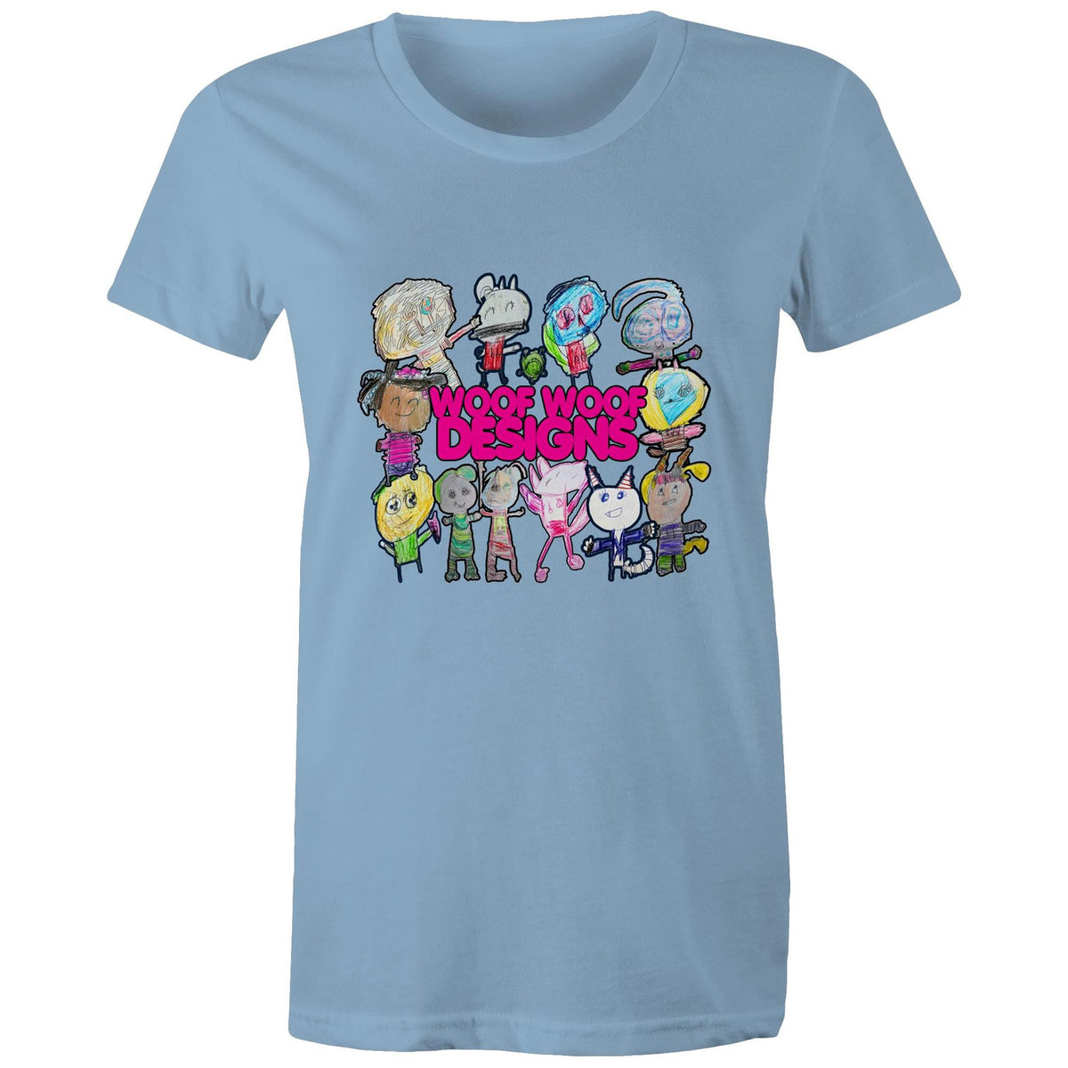 Woof Fam artwork by Sikiraa on women’s as colour maple tee, Carolina Blue