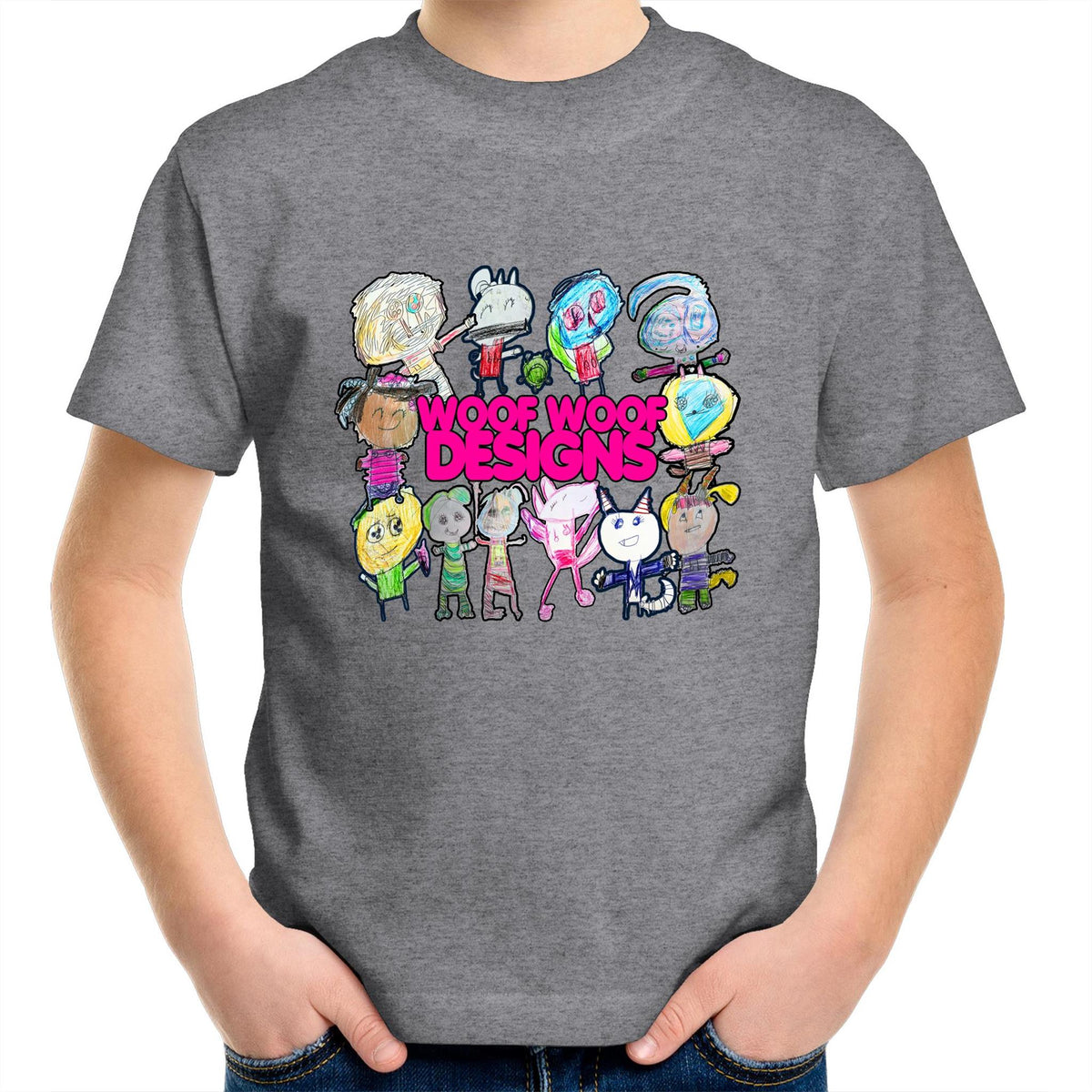 Woof Fam artwork by Sikiraa on as colour kids crew t-shirt, Grey Marle
