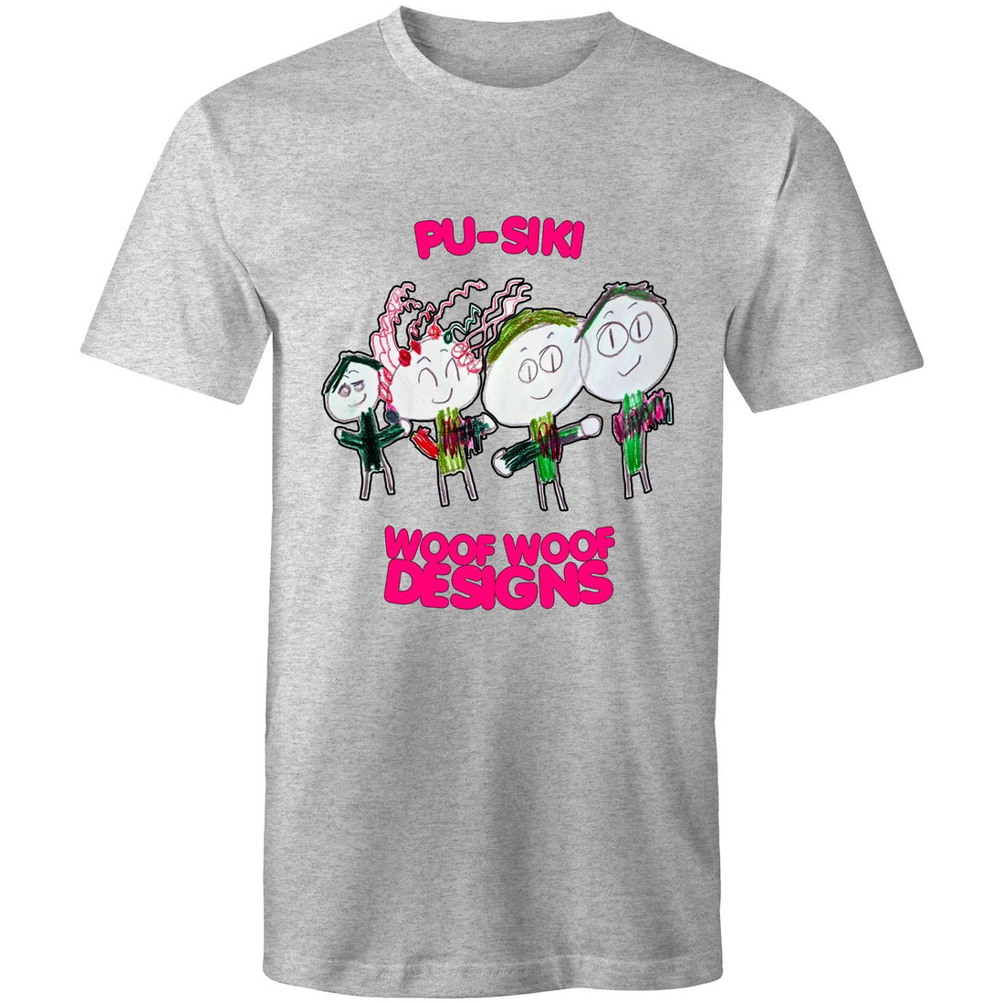 Pu-Siki + Woof Woof artwork by Sikiraa on men’s as colour staple t-shirt, Grey Marle