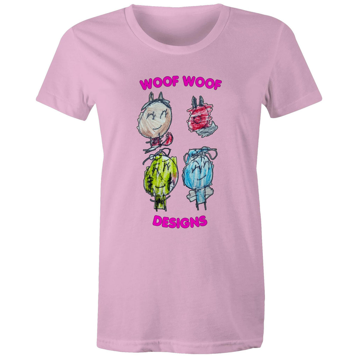 Woof Gang artwork by Sikiraa on women’s as colour maple tee, Pink