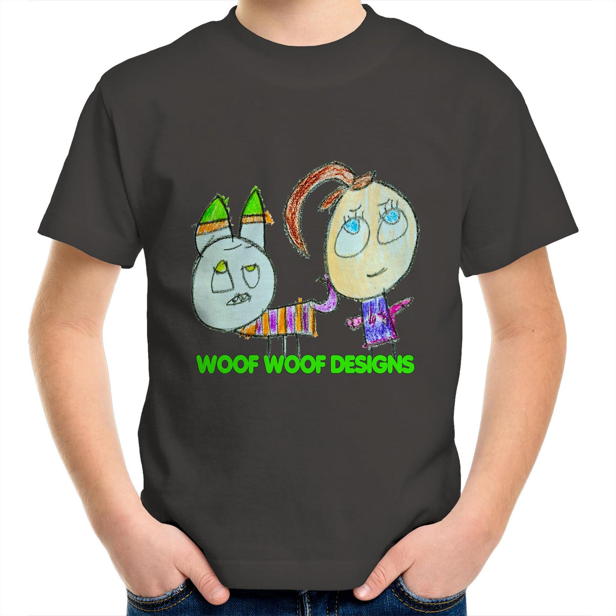 Caddy & Jade artwork by Sikiraa on as colour kids crew t-shirt, Charcoal