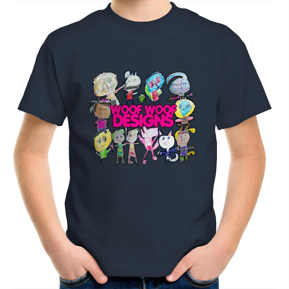 Woof Fam artwork by Sikiraa on as colour kids crew t-shirt, Navy