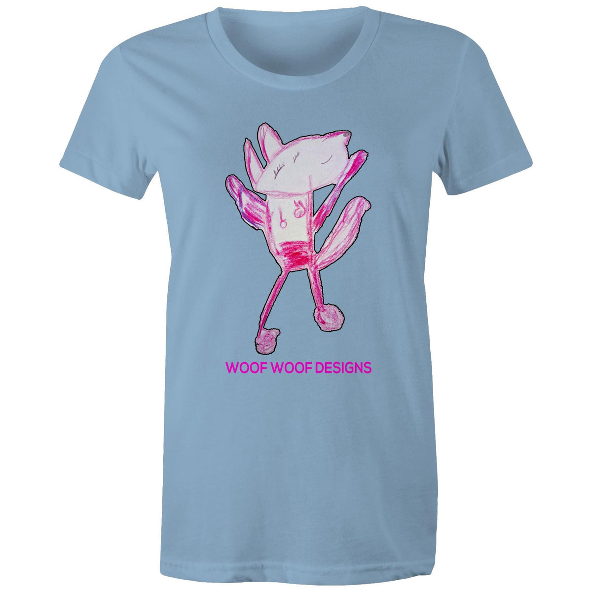 Woof Woof artwork by Sikiraa on women’s as colour maple tee, Carolina Blue