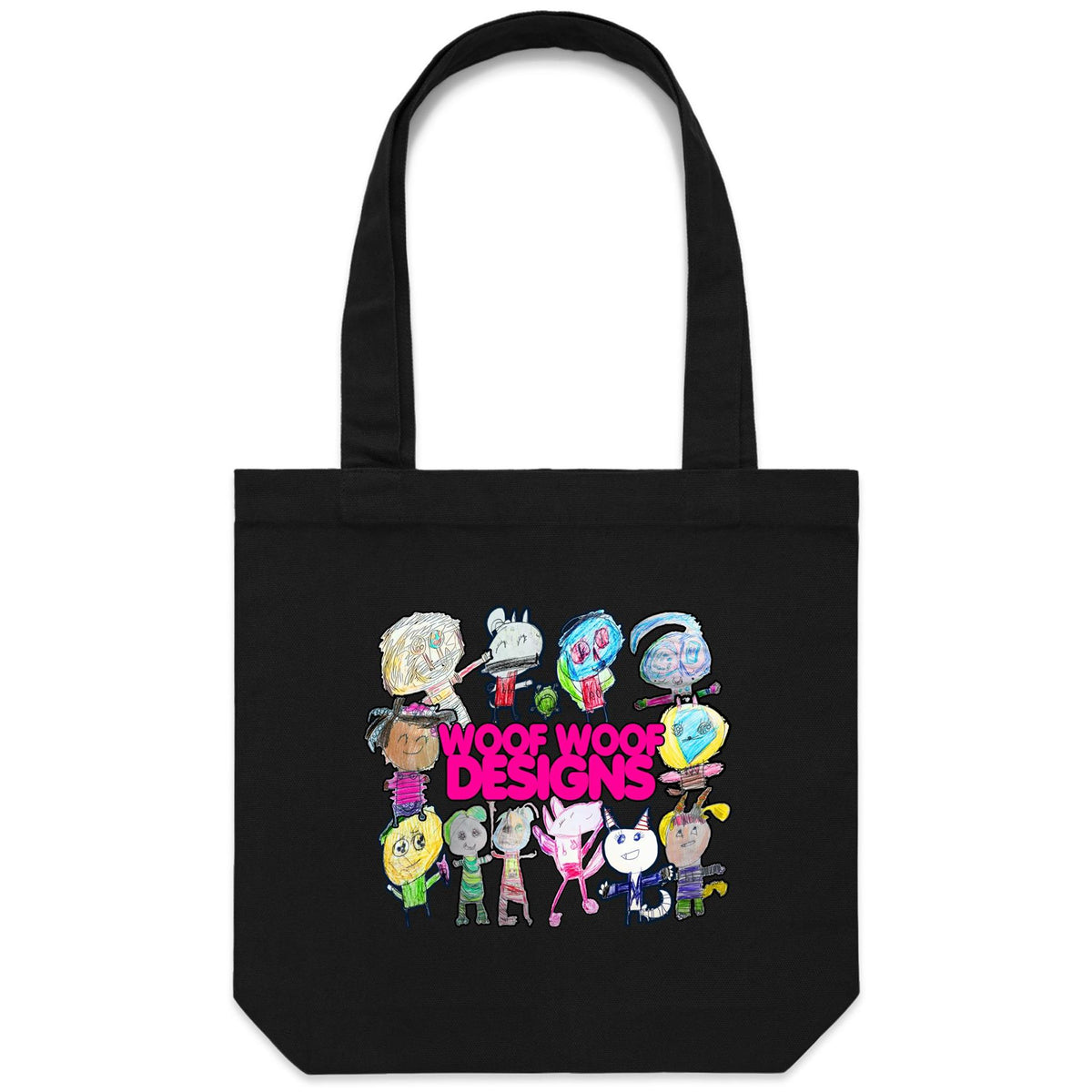 Woof Fam artwork by Sikiraa on as colour carrie tote bag, Black