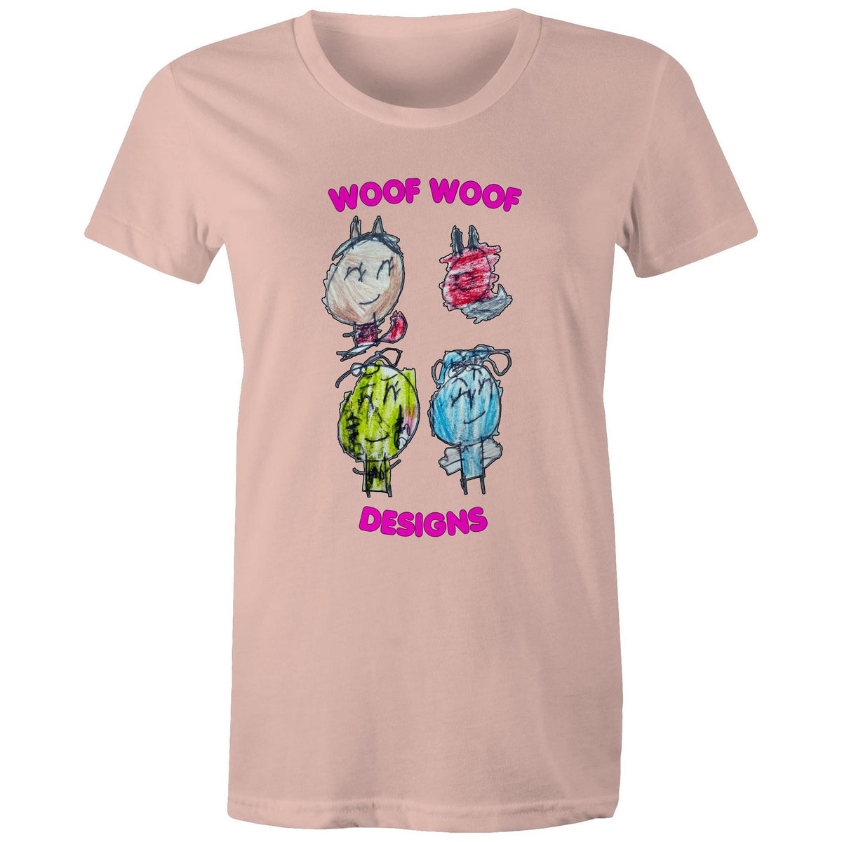 Woof Gang artwork by Sikiraa on women’s as colour maple tee, Pale Pink