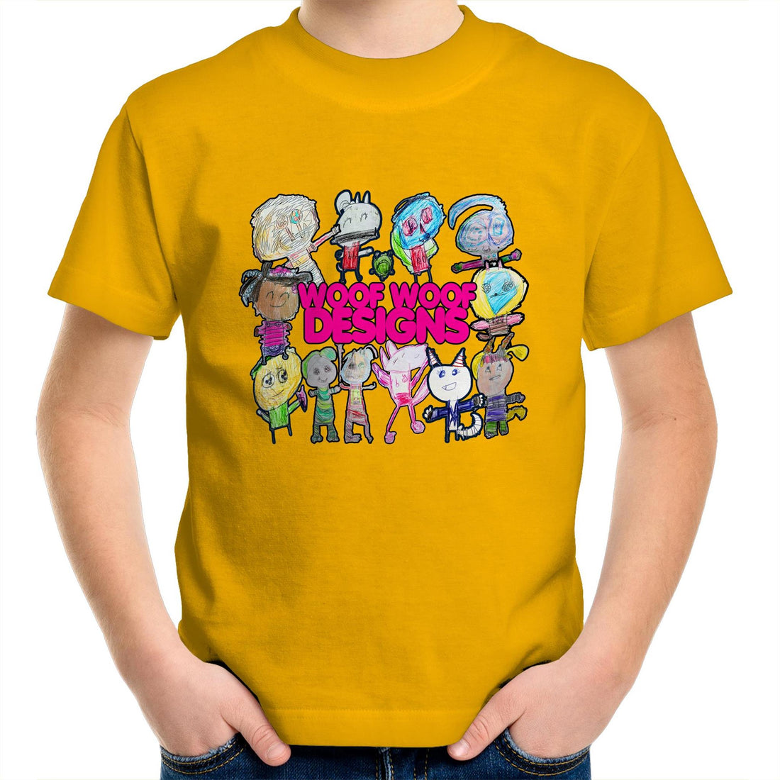 Woof Fam artwork by Sikiraa on as colour kids crew t-shirt, Gold