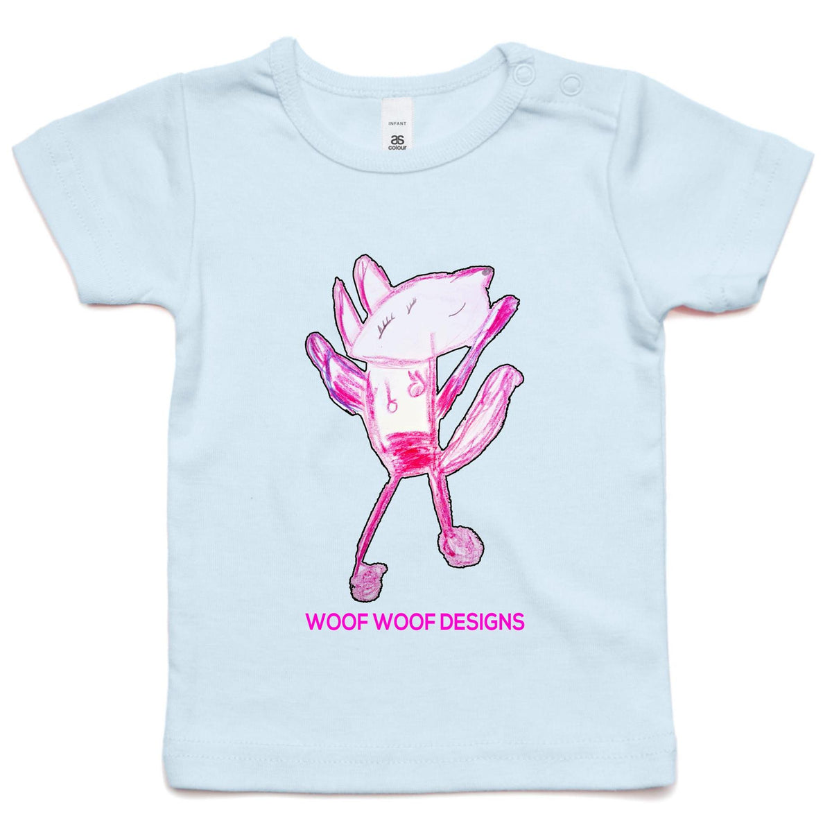 Woof Woof artwork by Sikiraa on as colour infant wee tee, Powder Blue