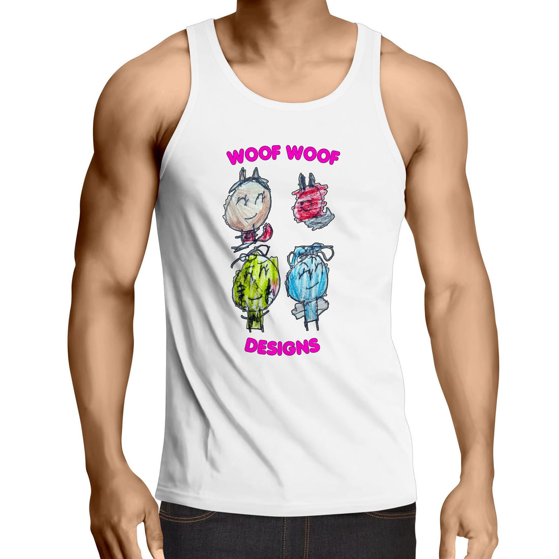 Woof Gang artwork by Sikiraa on men’s as colour lowdown singlet, White