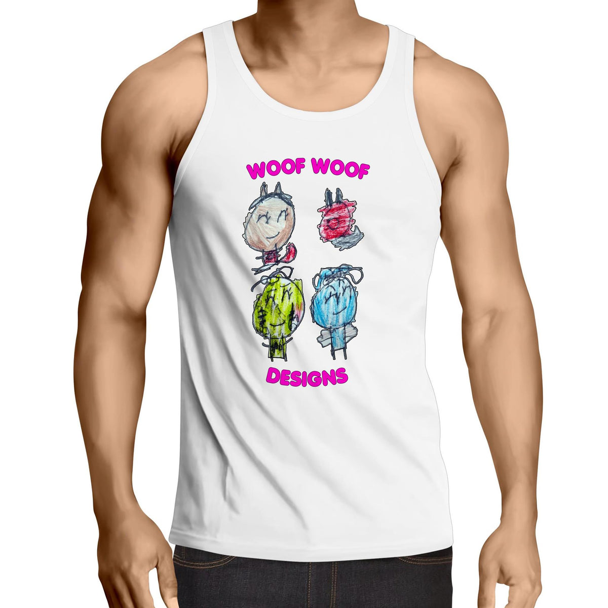 Woof Gang artwork by Sikiraa on men’s as colour lowdown singlet, White